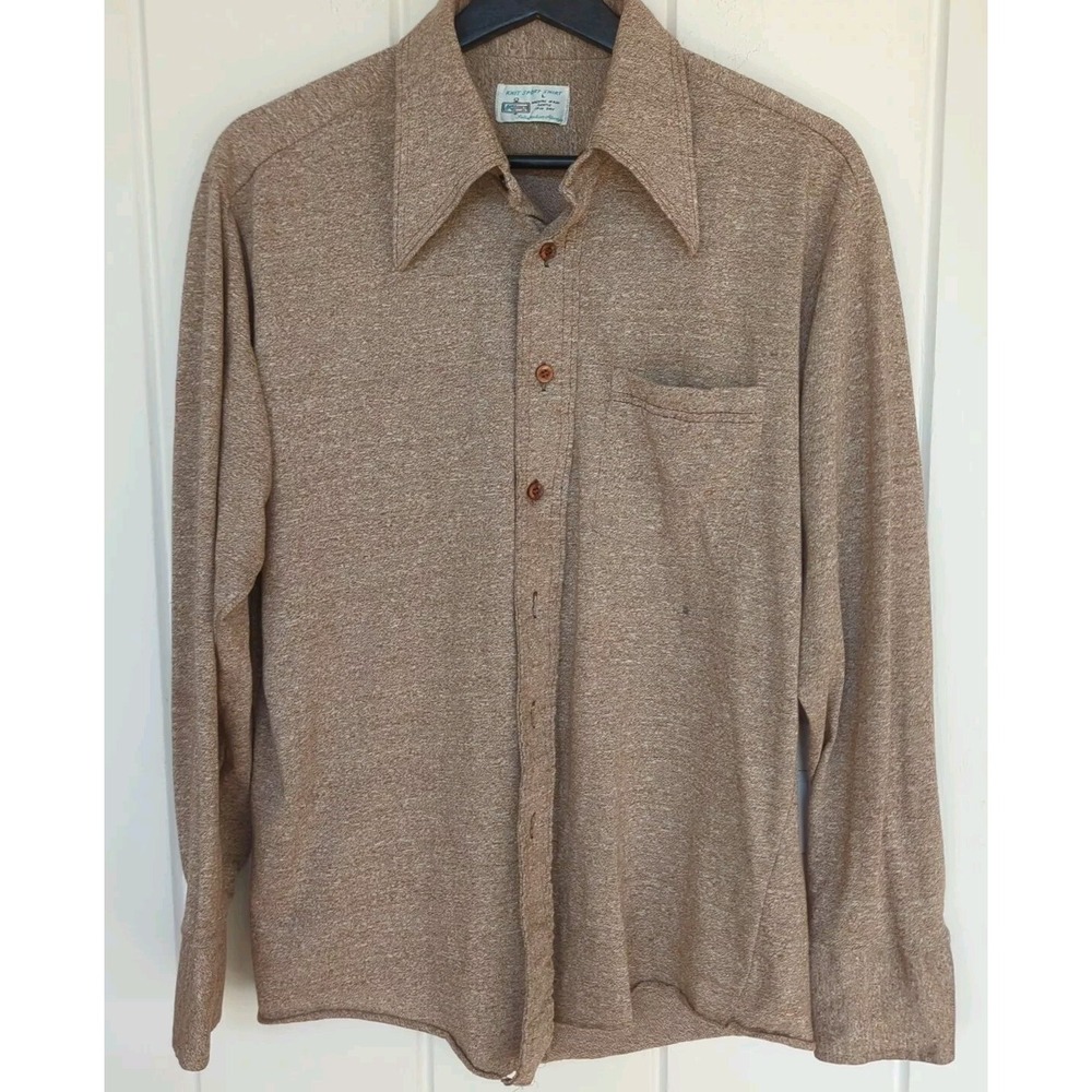 Vintage 1970s Kmart Knit Sport Shirt Heather Brown Big Collar size L